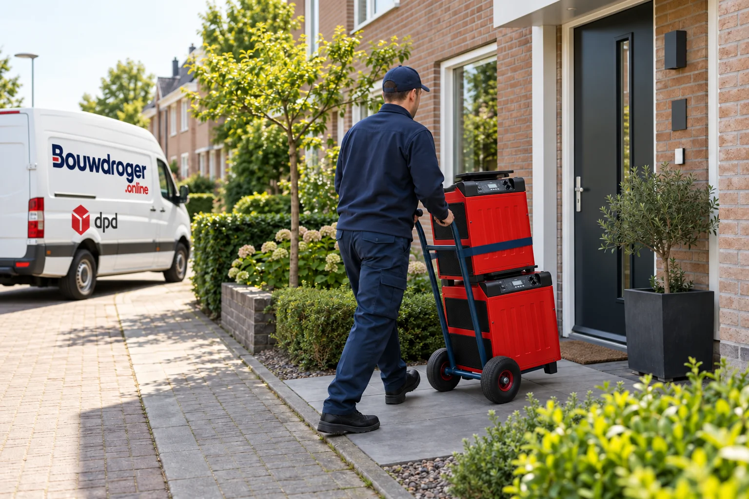 Illustratie: bezorger met rode bouwdrogers bij een woning en een bus met Bouwdroger.online- en DPD-logo